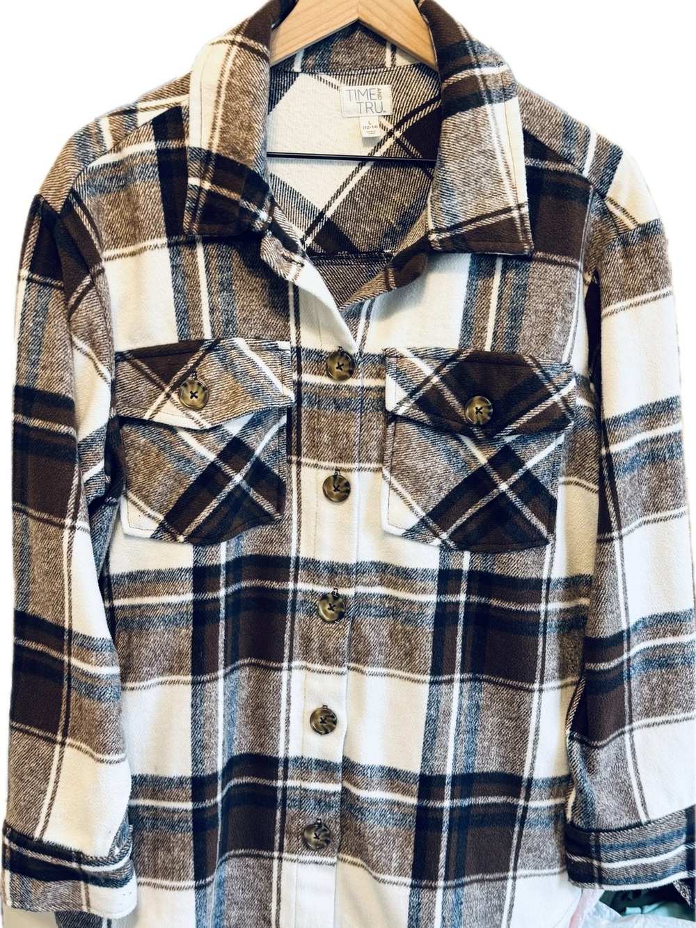 Time and Tru Brown, Cream & Black Plaid Button-Down Shirt